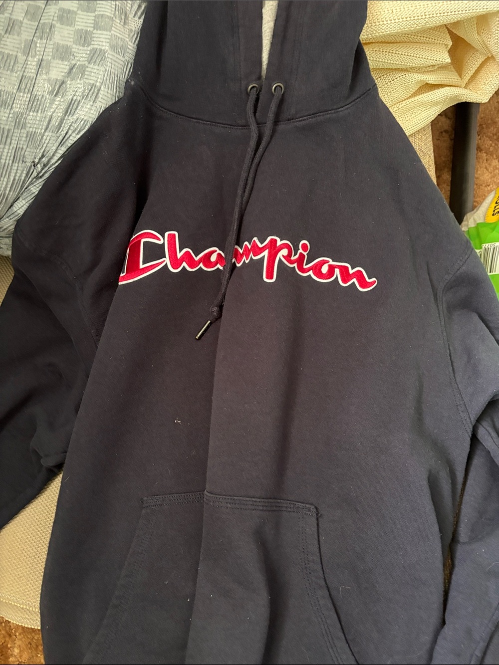Champion Men’s Navy Crewneck Hoodie with Red Logo
